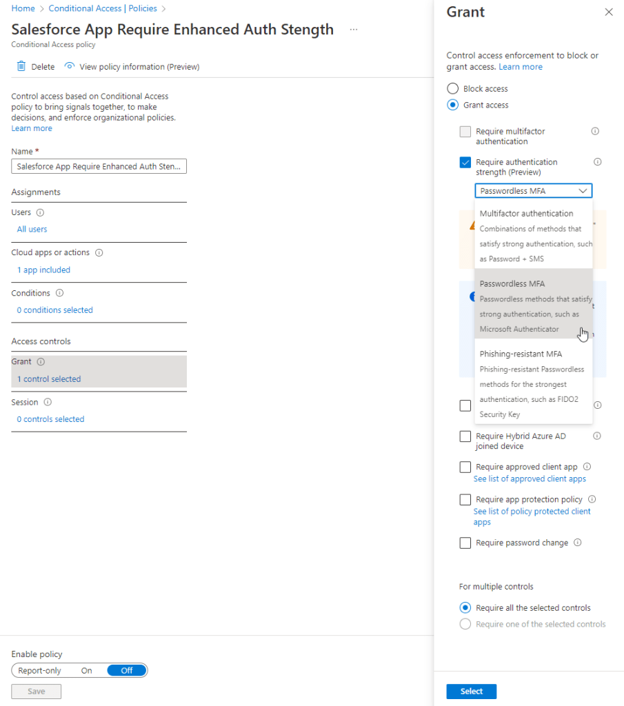 Configuring an Azure Active Directory conditional access policy for the new Authentication Strength (preview) functionality