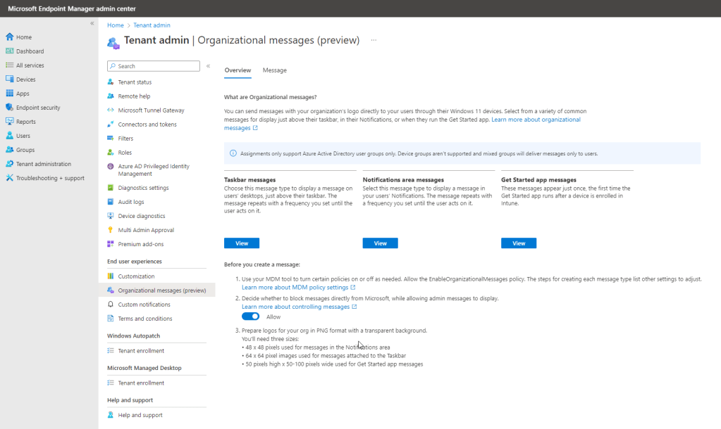 The new Intune Organizational Messages feature in public&nbsp;preview